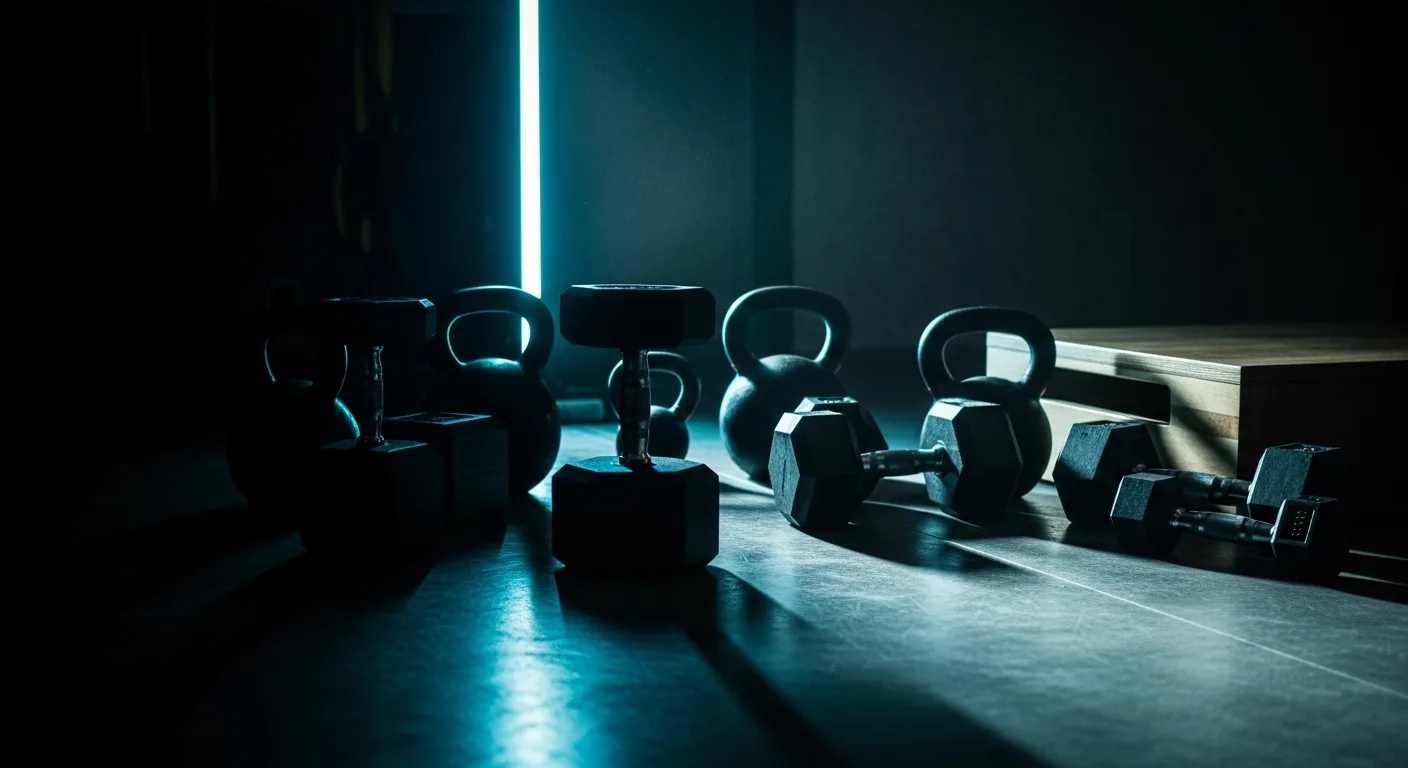 Heavy dumbbells in a dark studio setting